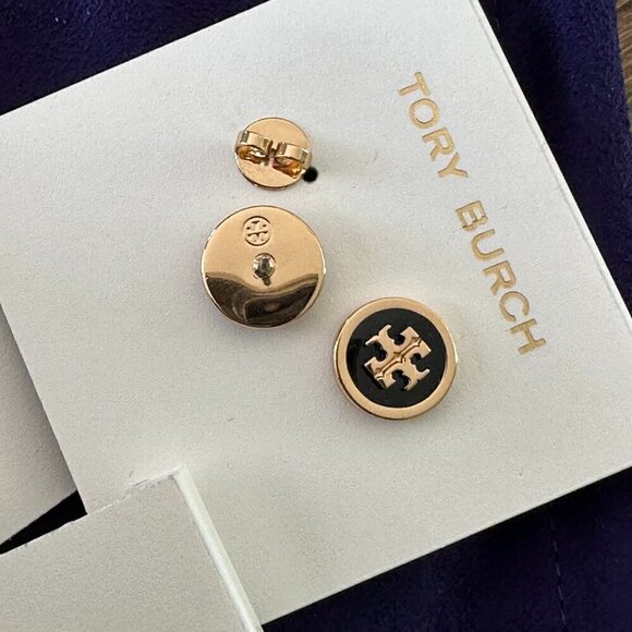 NEW!Tory Burch Enamel Logo Stud Earrings -Black/ Ivory/ Tan - Picture 5 of 8